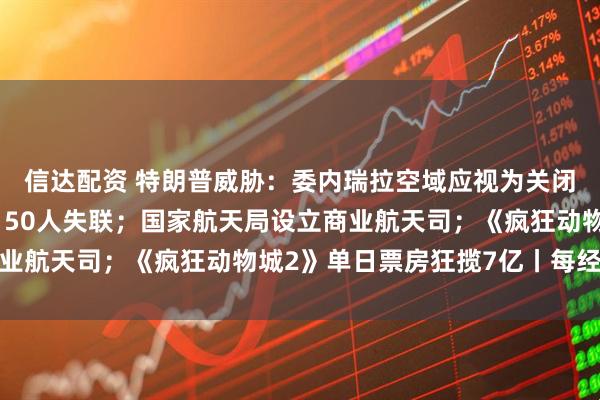 信达配资 特朗普威胁：委内瑞拉空域应视为关闭；香港大埔火灾仍有150人失联；国家航天局设立商业航天司；《疯狂动物城2》单日票房狂揽7亿丨每经早参